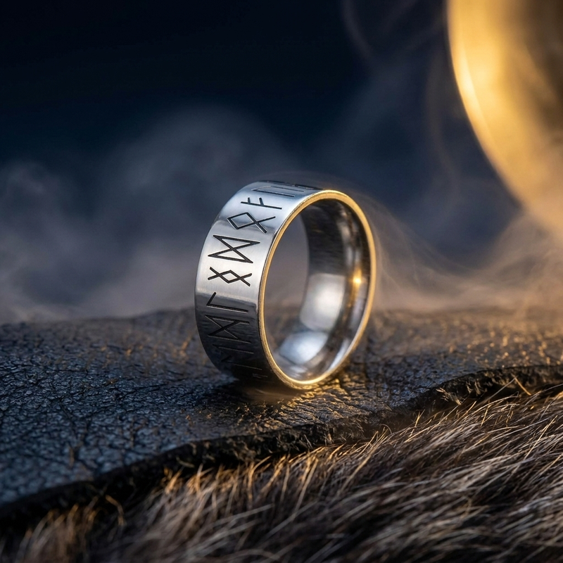 Bague Viking Runes en contexte nordique angle vue alternative