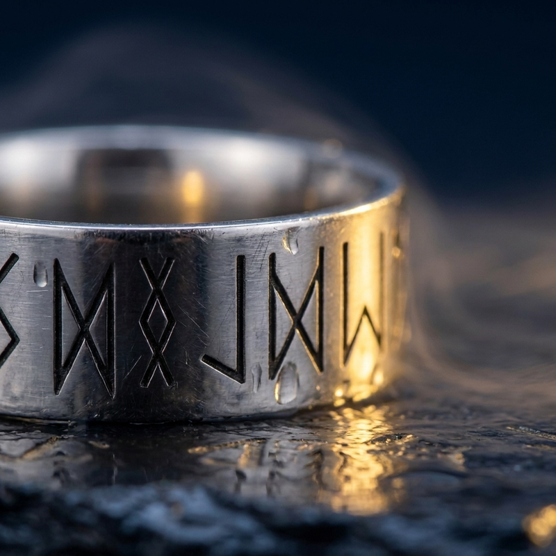 Bague Viking Runes en contexte nordique angle macro