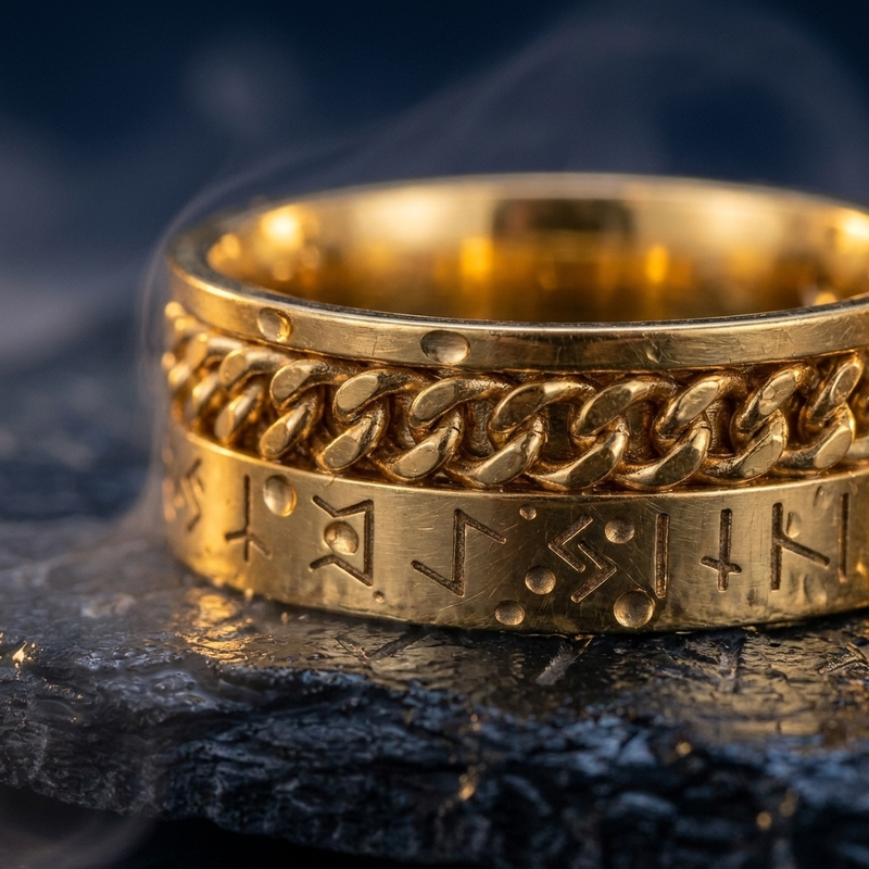 Anneau Viking Runes a Chaines en contexte nordique angle macro