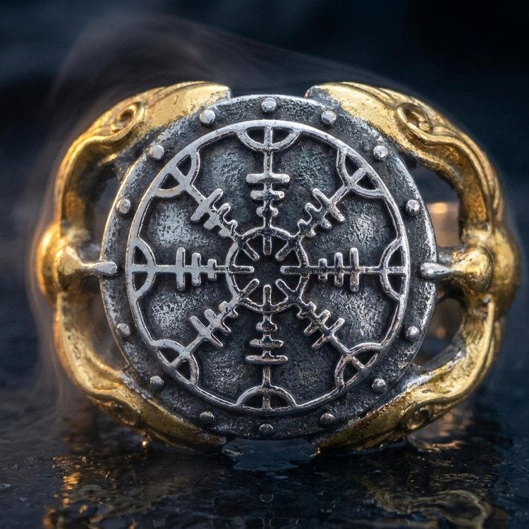 Chevalière Viking Vegvisir Argentée en contexte nordique angle macro