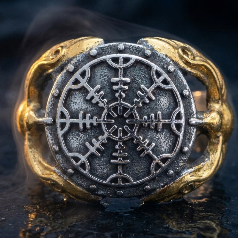 Chevalière Viking Vegvisir Argentée en contexte nordique angle macro