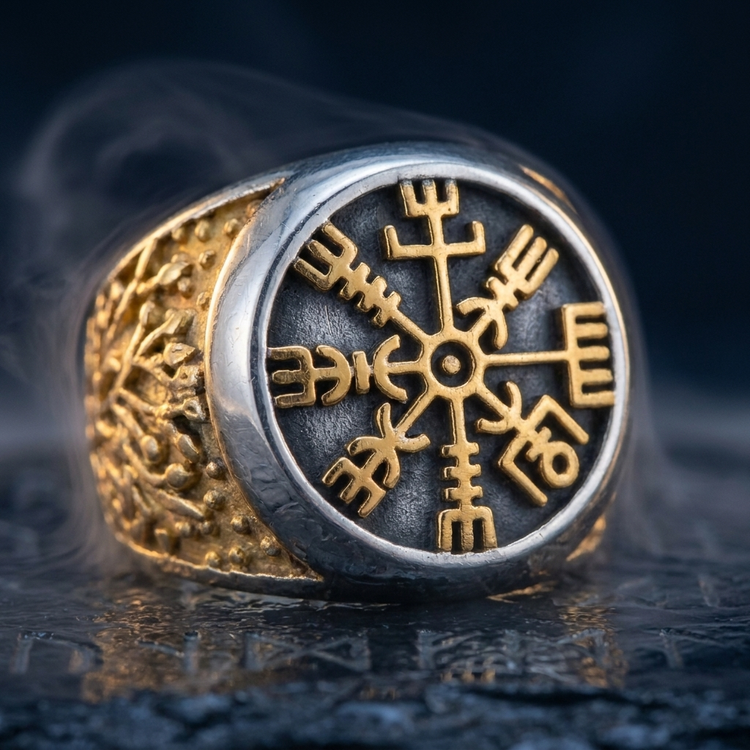 Chevalière Viking Vegvisir Dorée en contexte nordique angle macro