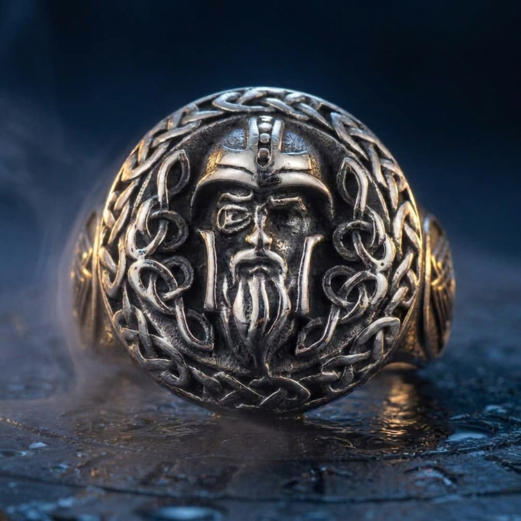 Bague Viking Noeud d'Odin en contexte nordique angle macro