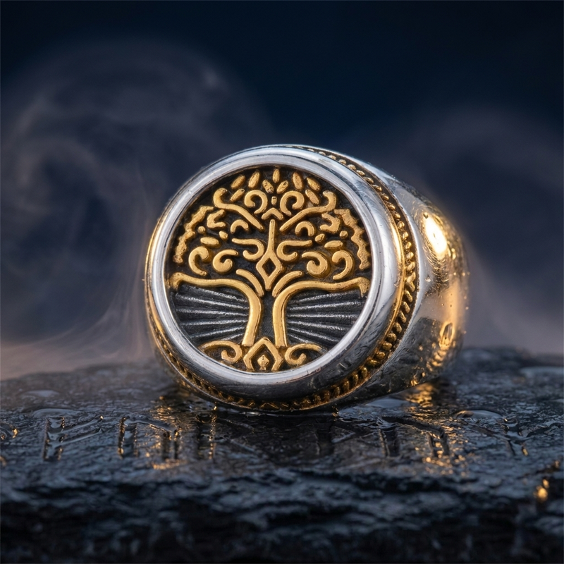 Chevalière Viking Arbre de Vie Yggdrasil en contexte nordique angle macro