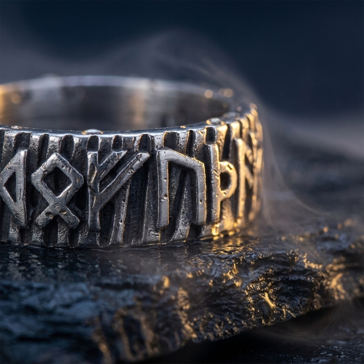 Anneau Viking Argente en contexte nordique angle macro