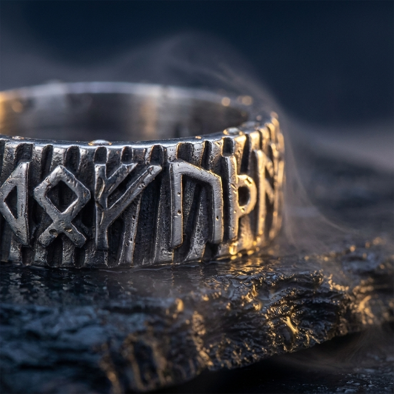 Anneau Viking Argente en contexte nordique angle macro