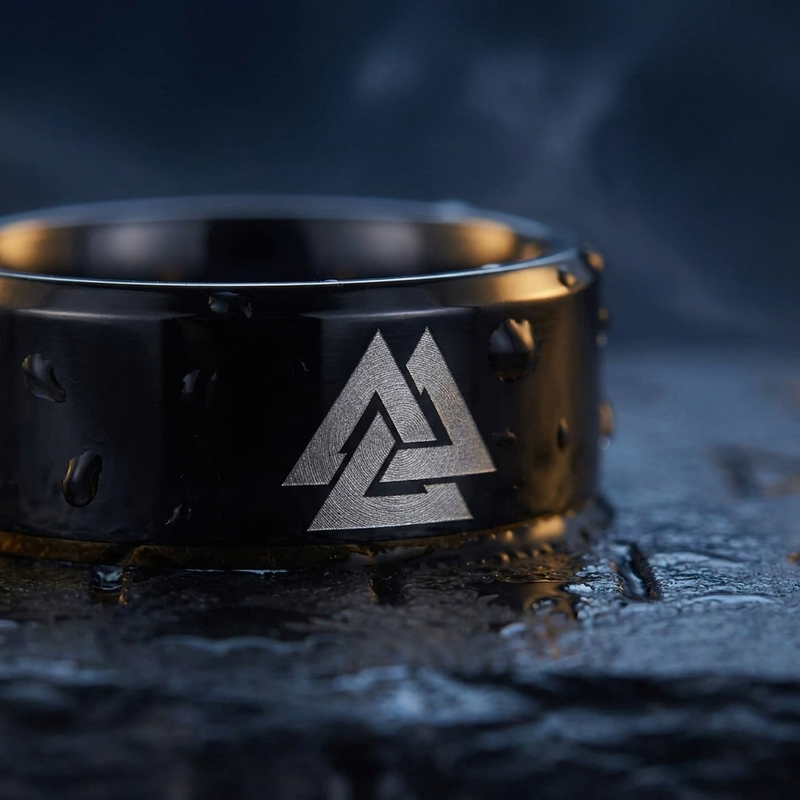 Bague Noire Viking Valknut en contexte nordique angle macro