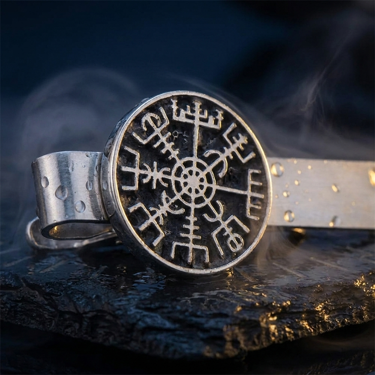 Pince à Cravate Viking Valknut en contexte nordique angle macro