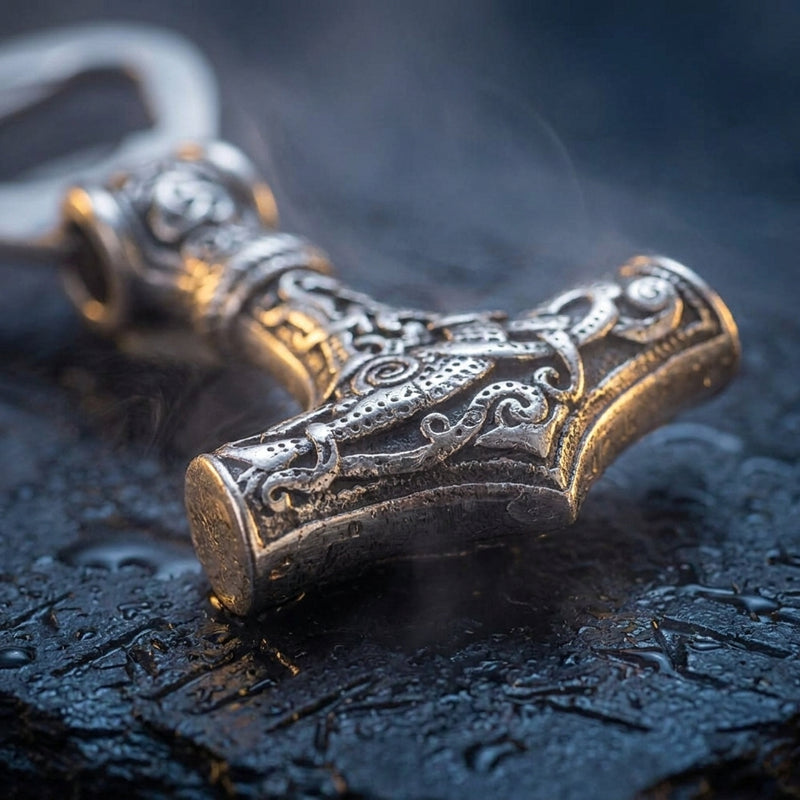 Décapsuleur Viking Marteau De Thormjollnir en contexte nordique angle macro