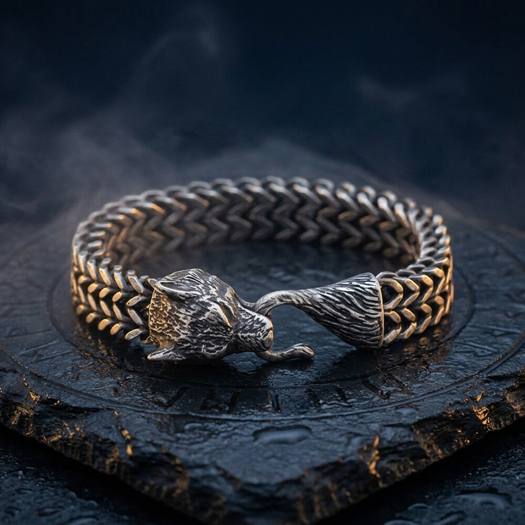 Bracelet Viking Tête du Loup d'Odin en contexte nordique