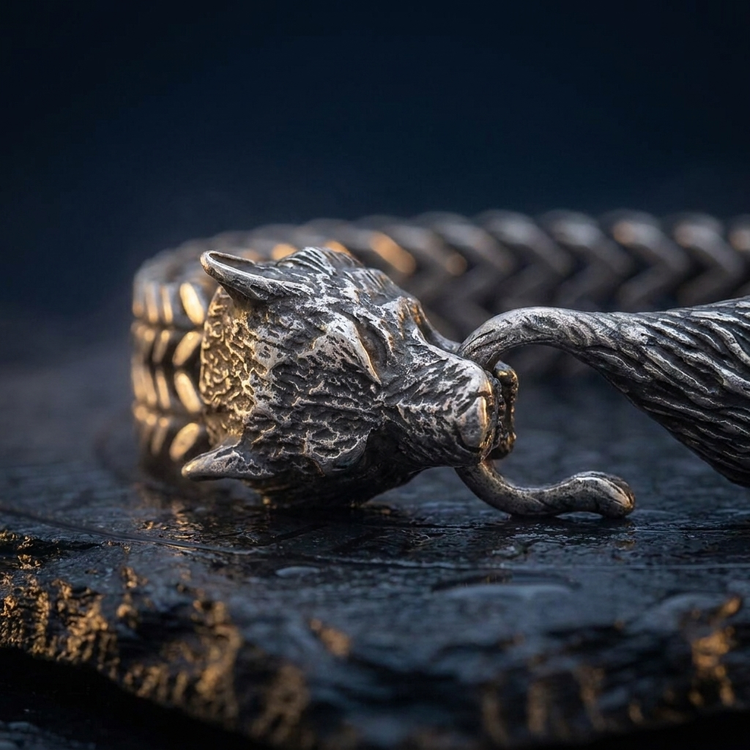 Bracelet Viking Tête du Loup d'Odin en contexte nordique angle macro