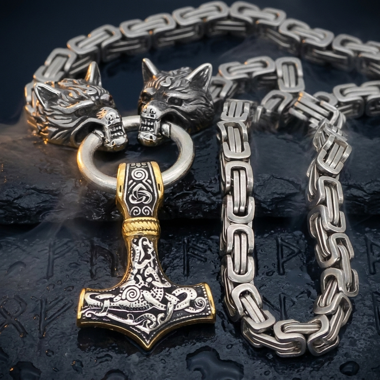 Chaine de Roi Viking loups et Mjolnir en contexte nordique