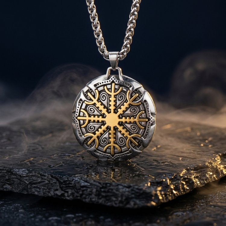 Collier Vegvisir compas runique en contexte nordique