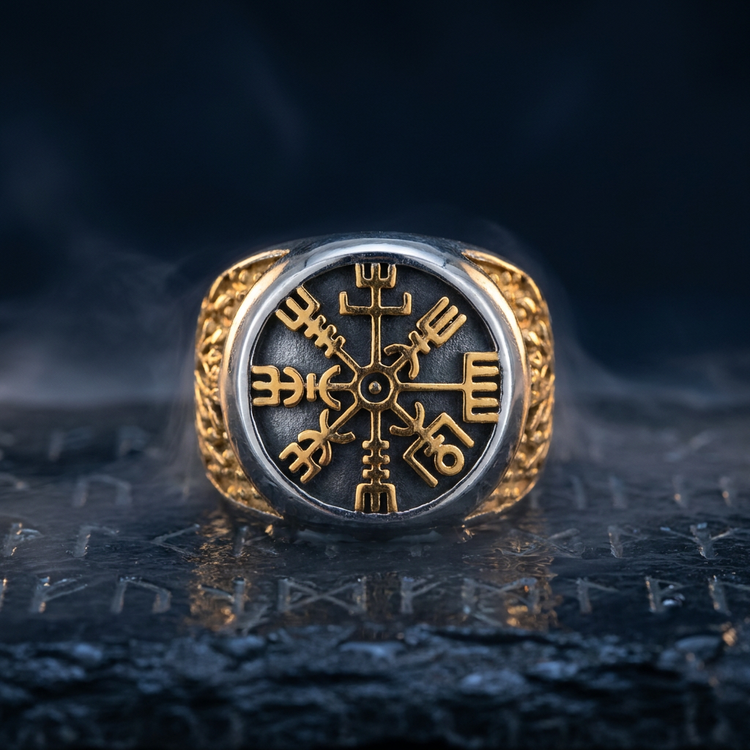 Chevalière Viking Vegvisir Dorée en contexte nordique