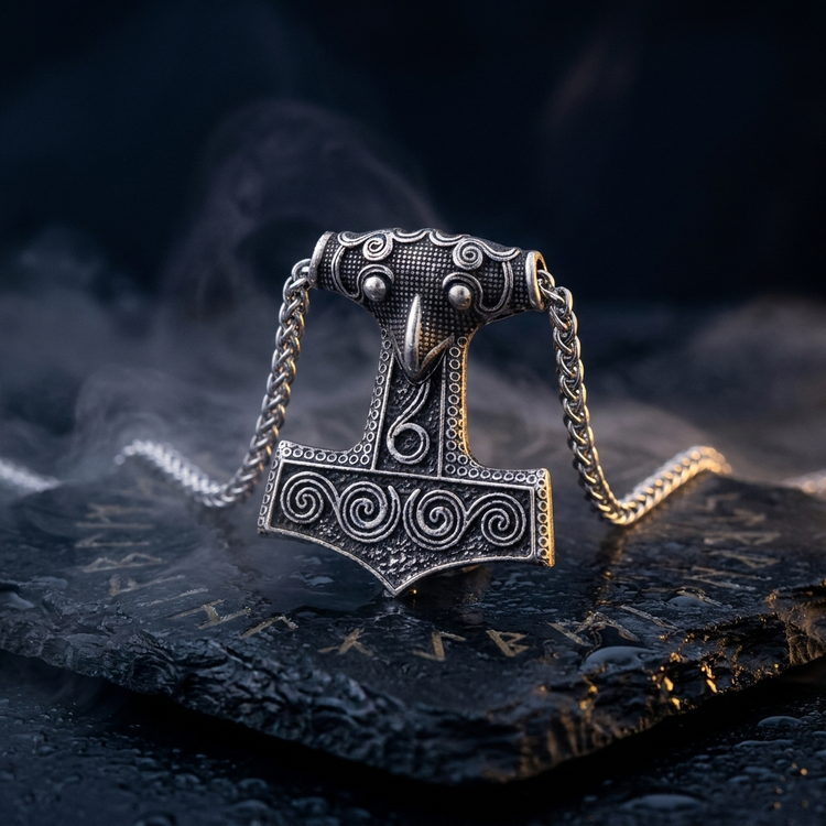 Pendentif Mjollnir et Corbeau d'Odin en contexte nordique