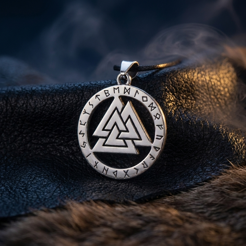 Collier Viking Valknut en contexte nordique angle vue alternative
