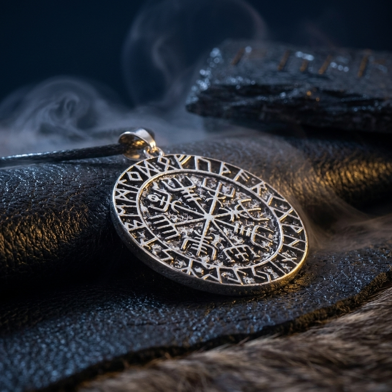 Collier Viking Vegvizir en contexte nordique angle vue alternative