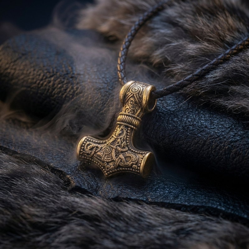 Collier Viking Mjöllnir en contexte nordique angle vue alternative