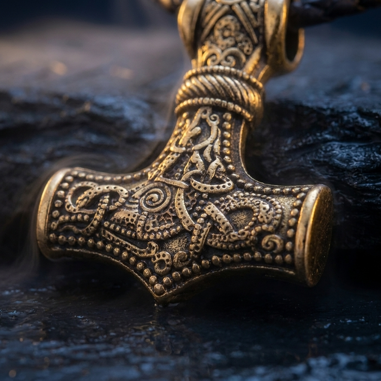 Collier Viking Mjöllnir en contexte nordique angle macro