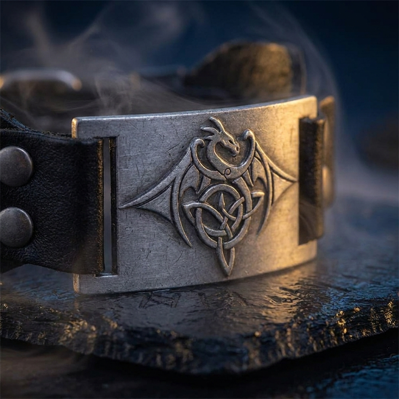 Bracelet Manchette Cuir Fafnir en contexte nordique angle macro