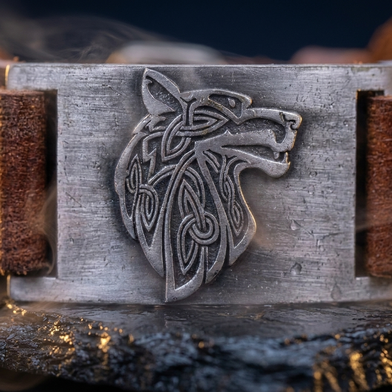 Bracelet Amulette Fenrir en contexte nordique angle macro