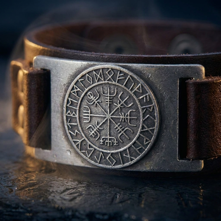 Bracelet Amulette Vegvisir en contexte nordique angle macro
