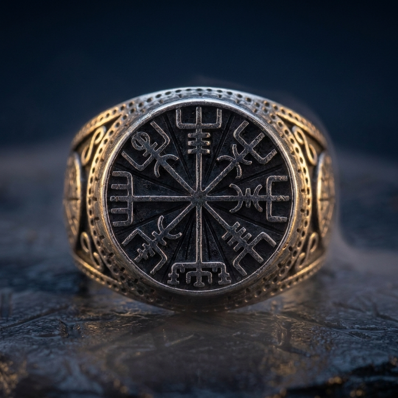 Chevalière Vegvisir en contexte nordique angle macro