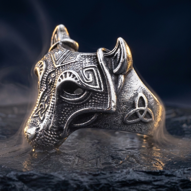 Anneau Loup Geant Fenrir en contexte nordique angle macro