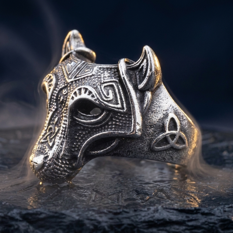 Anneau Loup Geant Fenrir en contexte nordique angle macro