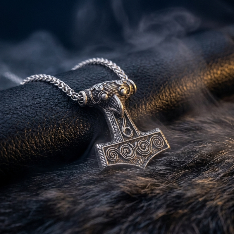 Pendentif Mjöllnir et Corbeau d'Odin en contexte nordique angle vue alternative