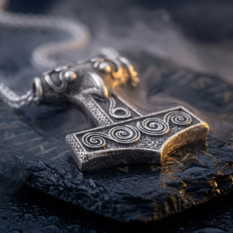 Pendentif Mjöllnir et Corbeau d'Odin en contexte nordique angle macro