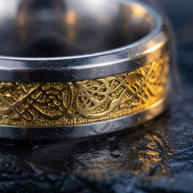 Anneau Viking Legend en contexte nordique angle macro