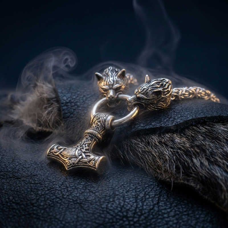 Collier Loup Viking - Marteau de Thor Mjöllnir en contexte nordique angle vue alternative