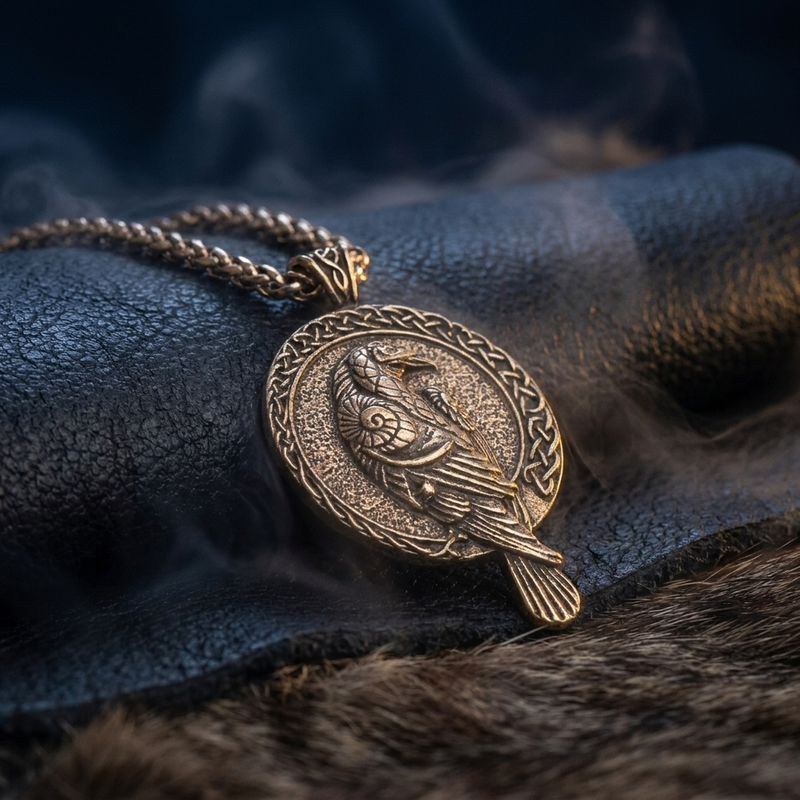 Collier Amulette Corbeau d'Odin en contexte nordique angle vue alternative