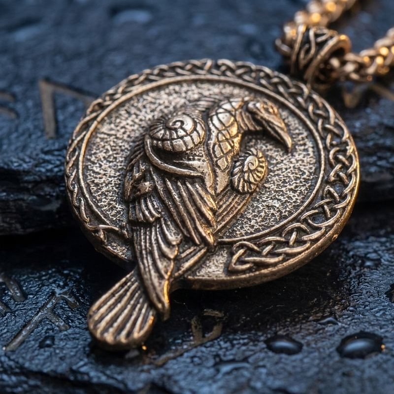 Collier Amulette Corbeau d'Odin en contexte nordique angle macro