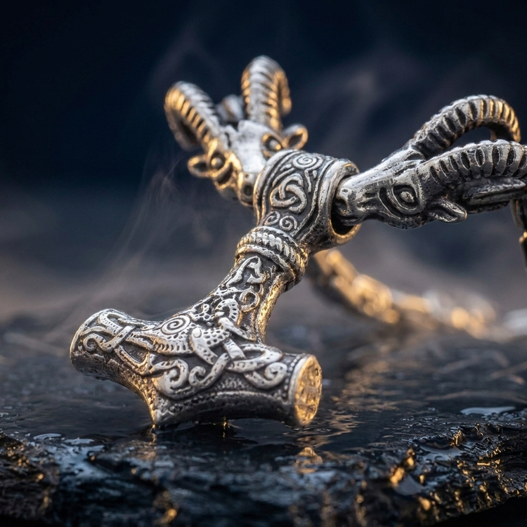 Chaîne Geitur Thor Pendentif Mjölnir en contexte nordique angle macro