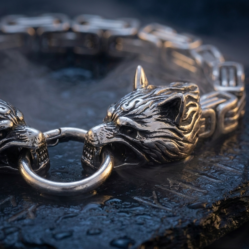 Bracelet Loups d'Odin - Geri & Freki en contexte nordique angle macro