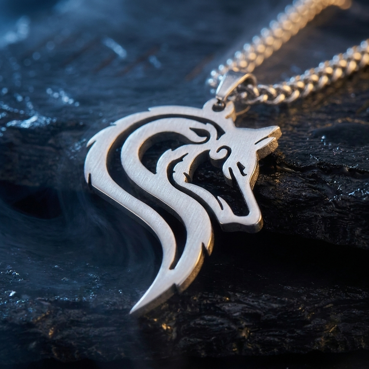 Collier Loup des 9 Mondes en contexte nordique angle macro