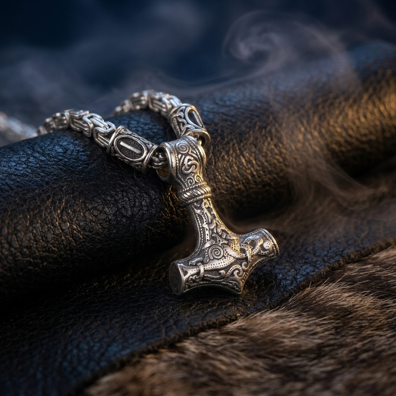 Chaîne Viking Mjöllnir en contexte nordique angle vue alternative