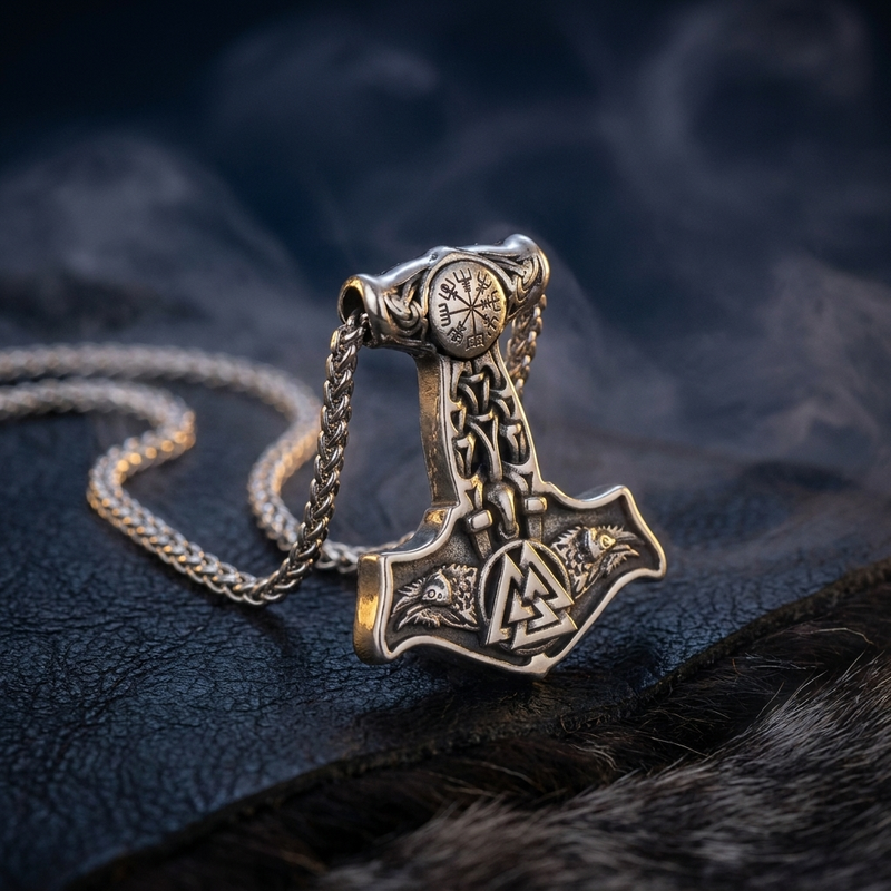 Chaîne Corbeaux d'Odin et Valknut en contexte nordique angle vue alternative