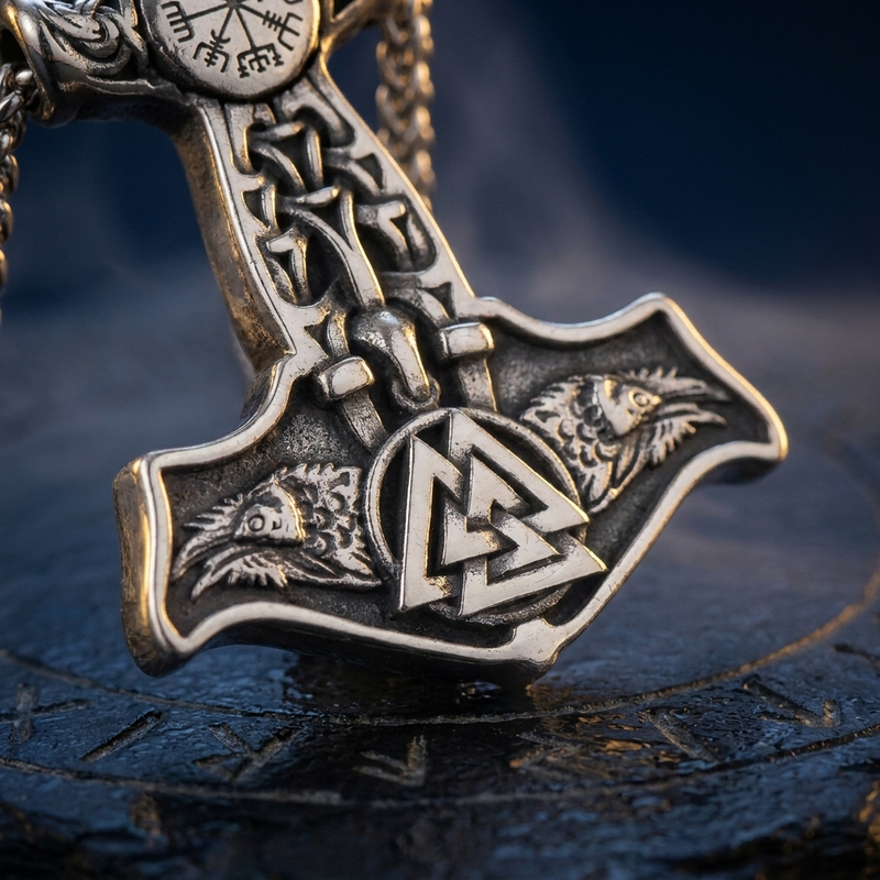 Chaîne Corbeaux d'Odin et Valknut en contexte nordique angle macro