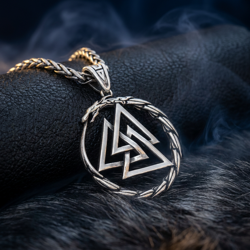 Chaîne Pendentif Dragon Valknut en contexte nordique angle vue alternative