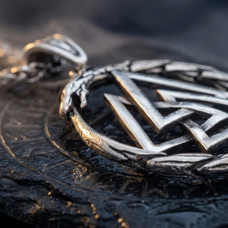 Chaîne Pendentif Dragon Valknut en contexte nordique angle macro