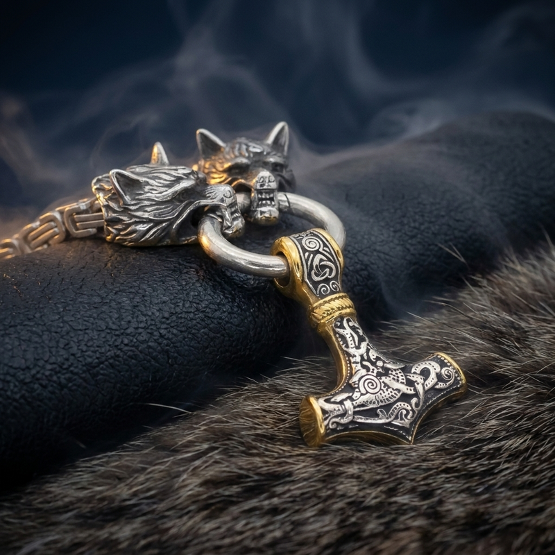 Chaîne de Roi Viking - Têtes de Loups & Mjöllnir en contexte nordique angle vue alternative