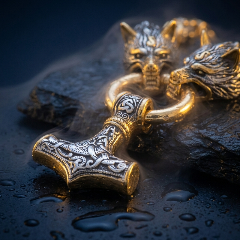 Chaîne Viking Loups & Pendentif Mjöllnir Doré/Argent en contexte nordique angle macro