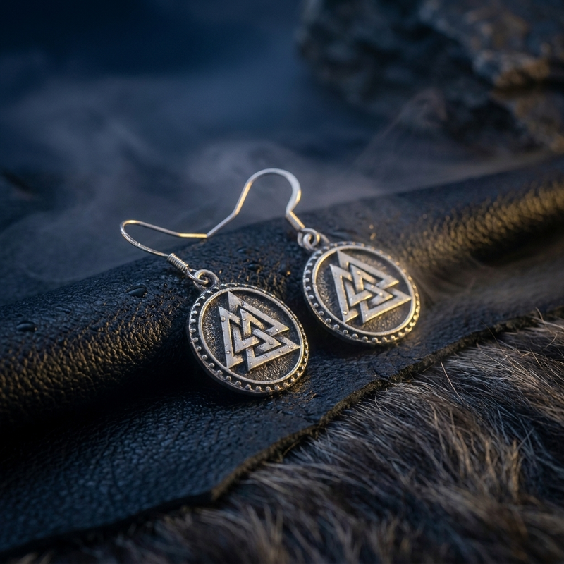 Boucles d'Oreilles Viking Valknut en contexte nordique angle vue alternative