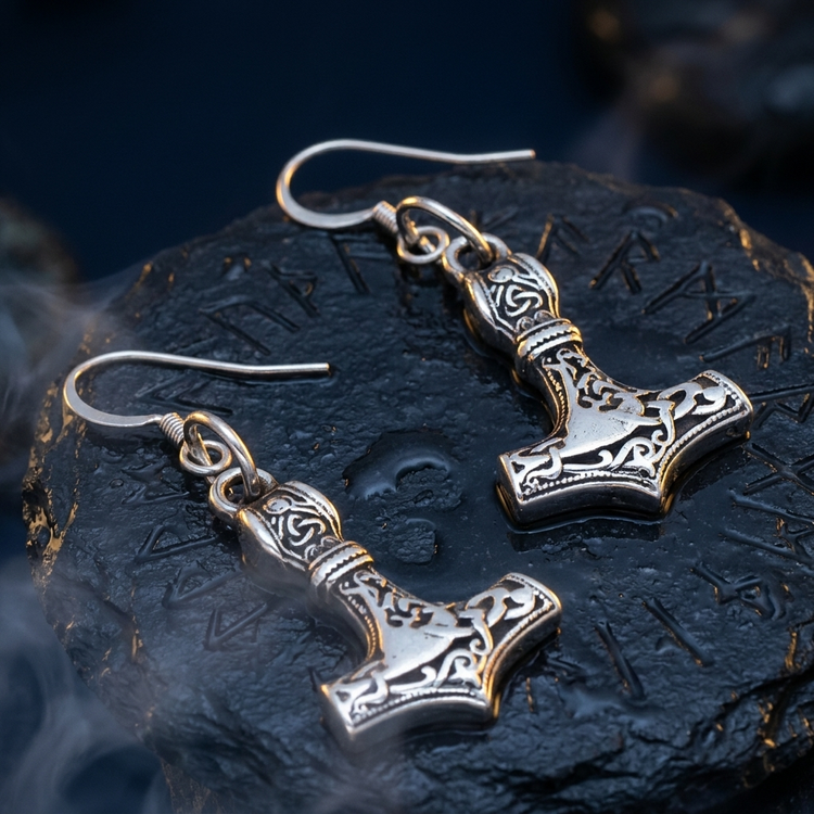Boucles d'Oreilles Viking Mjöllnir en contexte nordique