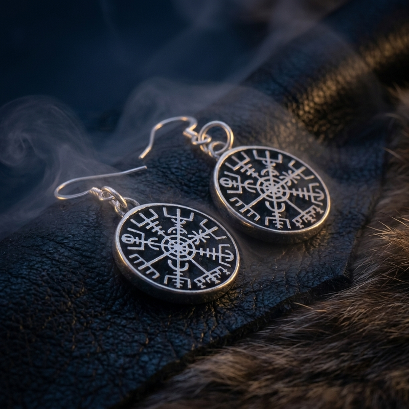 Boucles d'Oreilles Viking Vegvizir en contexte nordique angle vue alternative