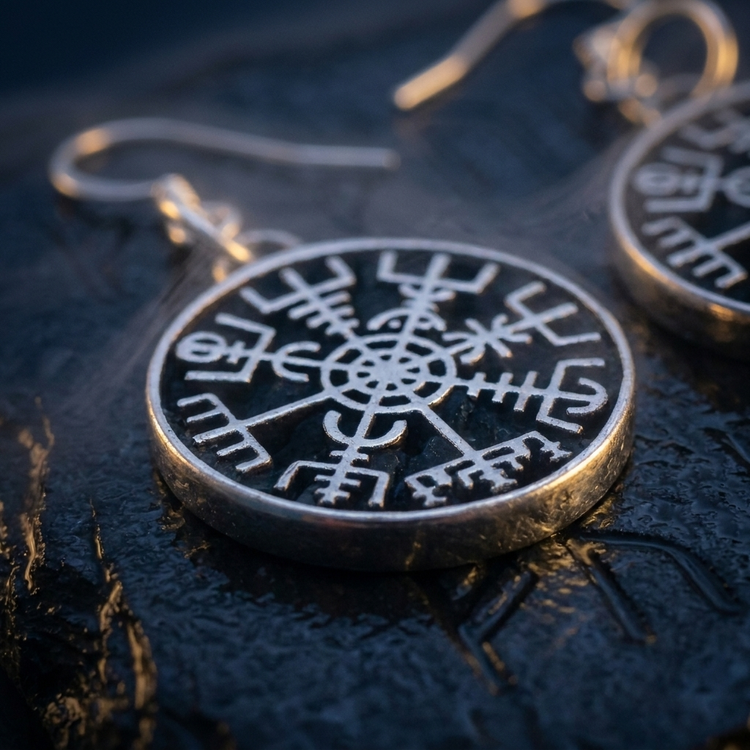 Boucles d'Oreilles Viking Vegvizir en contexte nordique angle macro