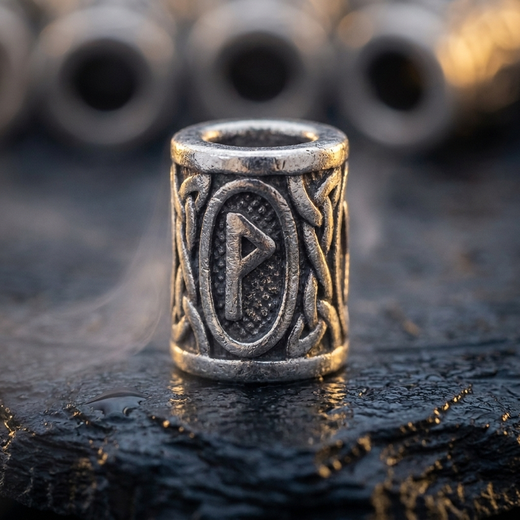 Bague de Barbe 24 Perles de Runes Viking en contexte nordique angle macro